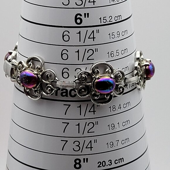 Vintage Emmons Silver Tone Flower Link Red AB Rhinestone Bracelet 7 in Art Deco - Picture 9 of 9